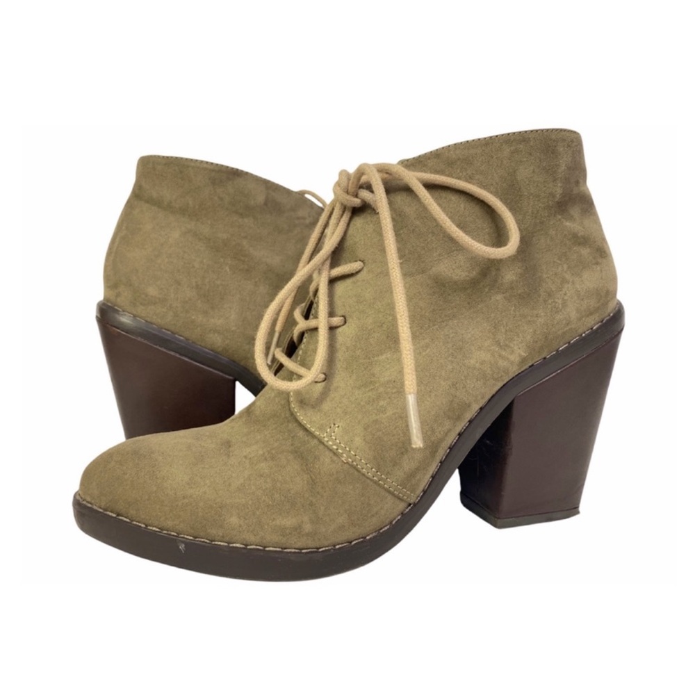 STEVE MADDEN Jaysoni Ankle Booties Vegan Suede Chunky Heel Olive Lace Up 8.5